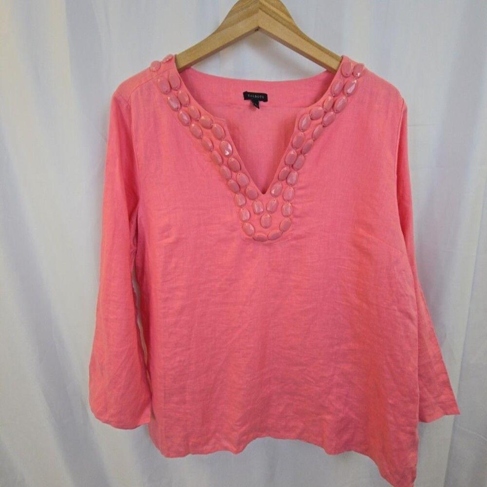 Talbots Blouse Womens Large Pink Linen Beaded V Neck Tunic Top Long Sleeve